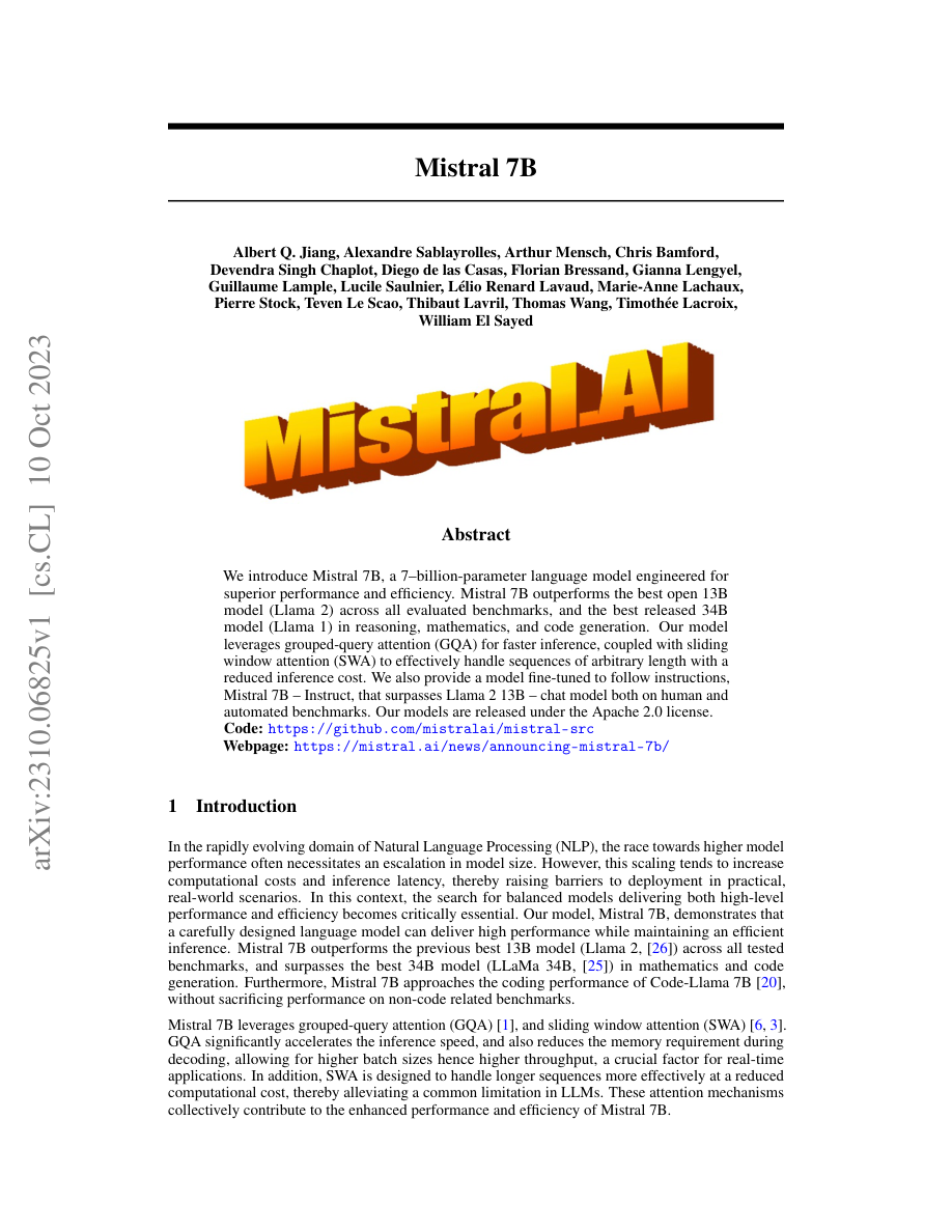 Page 1 of the Mistral 7B paper (arXiv 2310.06825, 9 pages, 3.7 MB)